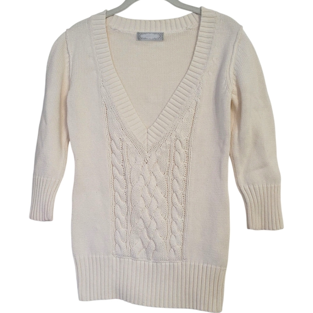 Y2K Women's Cable Knit Cotton Sweater Coquette Cream Vintage V-Neck Chunky Small